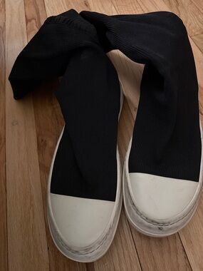 Rick Owen’s Dark Shadow Black Sock Knit Slip-On Sneakers with White Rubber Toe